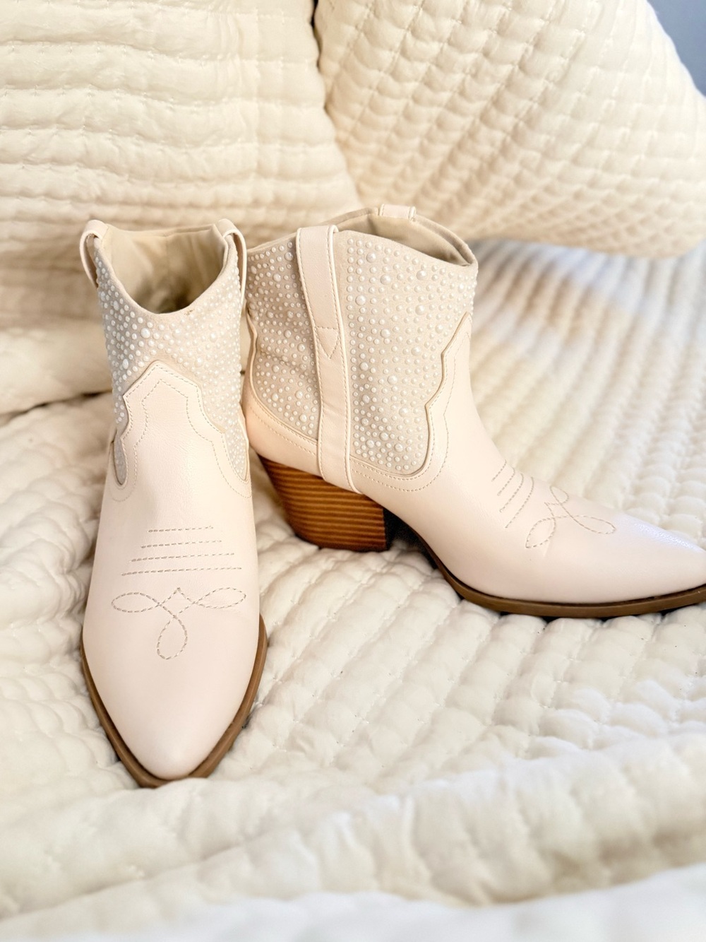 Qupid Cream Embellished Western Ankle Boots